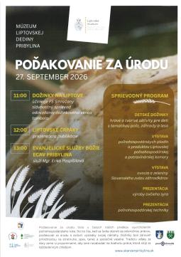 Poďakovanie za úrodu v Múzeu Liptovskej dediny Pribylina 27. septembra 2026
